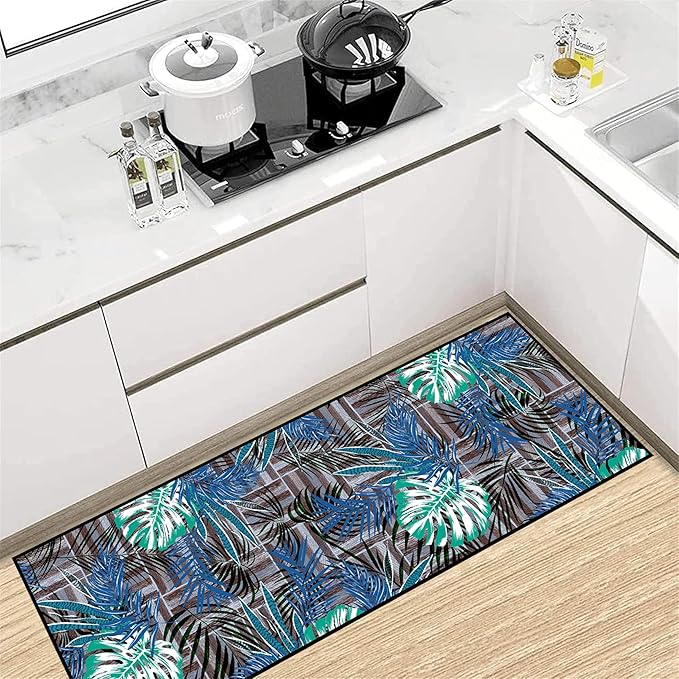 3.3x10 ft Runner Rug Tropical Blue - Non-Slip Low-Pile & Washable for Hallway, Living Room, Bedroom - Botanical Leaf Print Plush Soft - No Linting Easy Clean Indoor Carpet