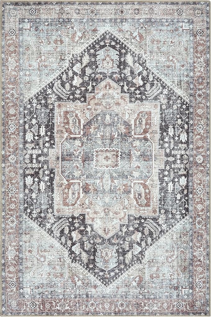 Bloom Rugs Washable Non-Slip 3' x 5' Rug - Charcoal/Brown Traditional Medallion Area Rug for Living Room, Bedroom, Dining Room, and Kitchen - Exact Size: 3' x 5'