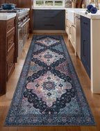 Tangsoo 2.6x8 Washable Runner Rug for Hallways, Non Slip Vintage Runner, Soft Low Pile Long Rug Runner, Print Distressed Navy Carpet Runners for Kitchen Bedroom Entryway Bathroom Living Room