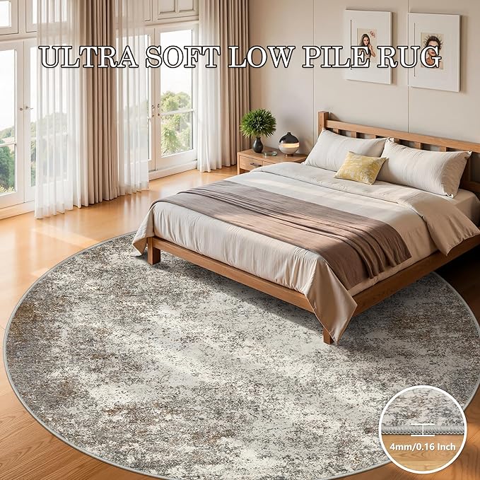 6ft Washable Round Rug - 6x6 Area Rugs Modern Abstract Rugs for Living Room Non-Slip Low Pile Soft Machine Washable Carpet for Bedroom, Living Room, Dining Room, Nursery, Farmhouse (6'x6' Brown Grey)