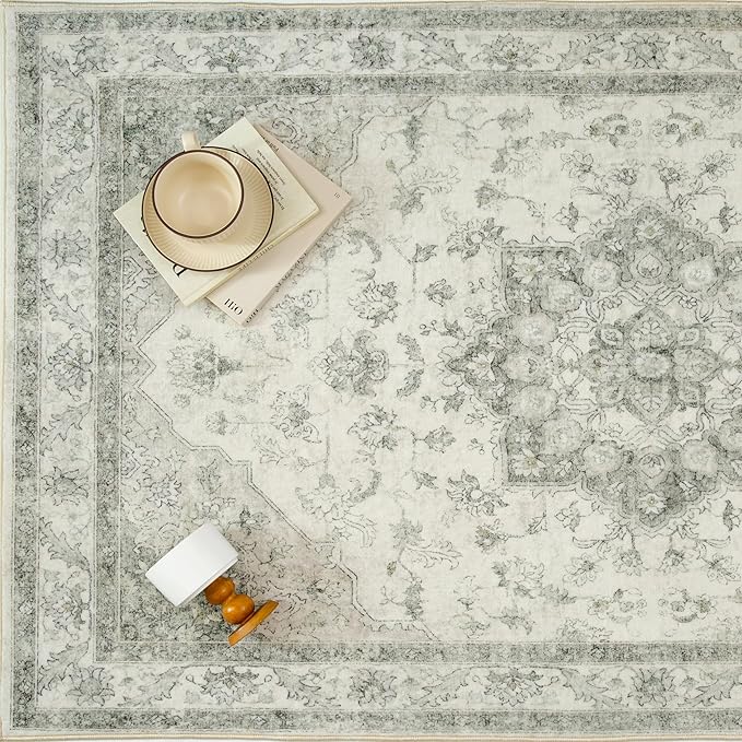 Green Area Rug 8x10 Washable Living Room Carpet Vintage Non Slip Soft Bedroom Indoor Office Retro Low Pile Thin Oriental Medallion Large Rug for Dining Room Playroom