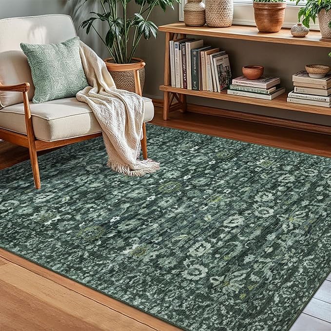 Vintage Floral 3x5 Rug, Dark Green Entryway Rug Small Area Rug Washable Non-Slip Throw Rug, Thin Printed Faux Wool Low-Pile Kitchen Rugs Super Soft Capet for Entrance Bedroom Office Home Decor