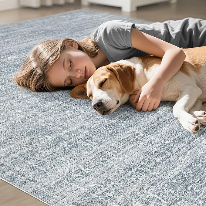 10x12 Area Rug Living Room: Washable Large Vintage Blue Rug Neutral Non-Slip Soft Stain Resistant Indoor Carpet for Bedroom Nursery Dining Room Under Table Bed Home House Office Playroom