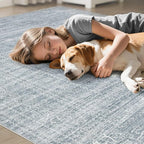 10x12 Area Rug Living Room: Washable Large Vintage Blue Rug Neutral Non-Slip Soft Stain Resistant Indoor Carpet for Bedroom Nursery Dining Room Under Table Bed Home House Office Playroom