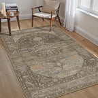 3x5 Brown Washable Vintage Area Rug for Living Room Bedroom Non Slip Distressed Traditional Soft Throw Rug Low Pile Lightweight Floral Carpet Entrance Laundry Room Kitchen
