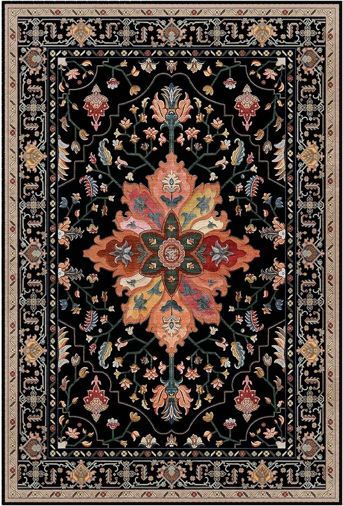 Area Rugs Square 4ft Washable Non-Slip, Floral Vintage Distress Print Pattern Medallion Carpet for Living Room Bedroom Dining Room, Black Colorful Floral Dark Tan