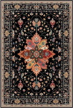 Area Rugs 4'x5' Washable Non-Slip, Floral Vintage Distress Print Pattern Medallion Carpet for Living Room Bedroom Dining Room, Black Colorful Floral Dark Tan