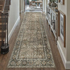 Brown Runner Rug 2'6"x12' Vintage Area Carpet Hallway Long Indoor Kitchen Washable Living Room Low Pile Traditional Distressed Retro Accent Rug Non Slip Laundry Bathroom Office Dining Room