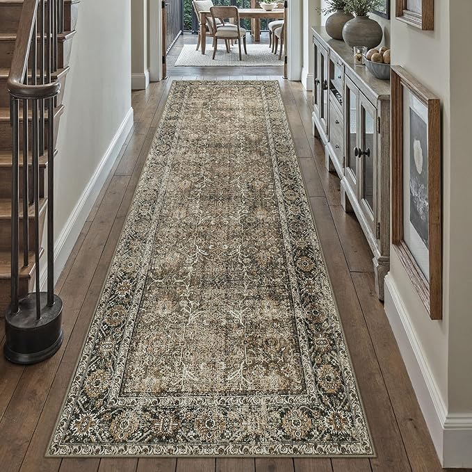 Brown Runner Rug 2'6"x12' Vintage Area Carpet Hallway Long Indoor Kitchen Washable Living Room Low Pile Traditional Distressed Retro Accent Rug Non Slip Laundry Bathroom Office Dining Room