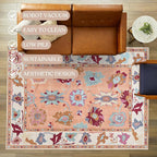 Fame Living Orange Oushak Rug, Modern, Vintage, Turkish, Eclectic, Floral, Pastel, Washable, Extra Large Area Rugs for Living Room, Dining, Bedroom, Lounge, 9'x12'