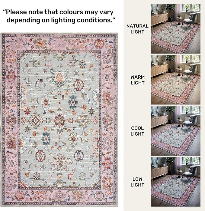 GLN Rugs Traditional Collection - Machine Washable Area Rug, Traditional Washable, Non Slip, Low Pile Chenille Rug, Living Room, Bedroom, Kitchen Rug (5' x 7' Pink/Blue/Multicolor)