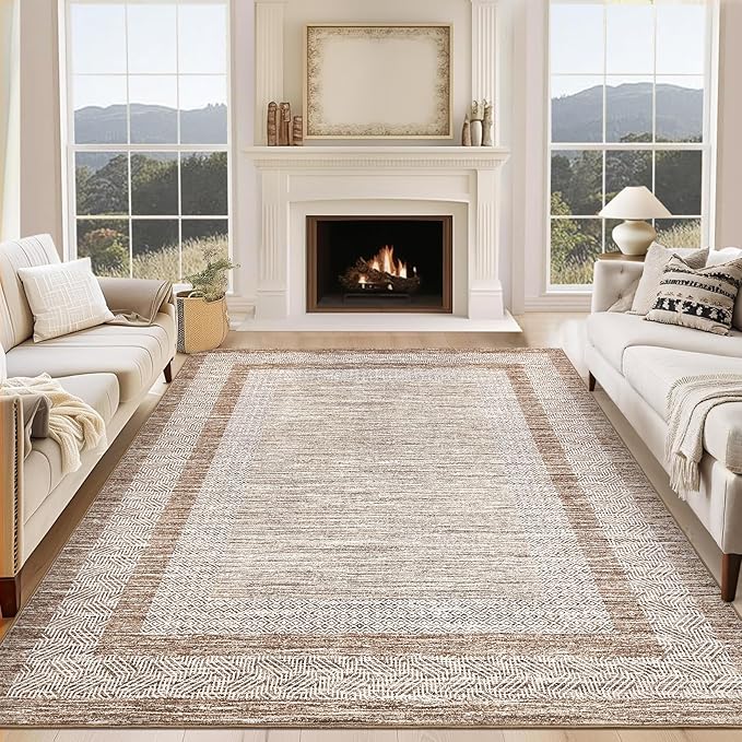 GarveeHome 10x13 Large Washable Geometric Area Rug Non Slip Non Shedding Floor Carpet, Modern Bordered Rug, Distressed Brown Rug, Indoor Printed Rug for Living Room, Bedroom, Office