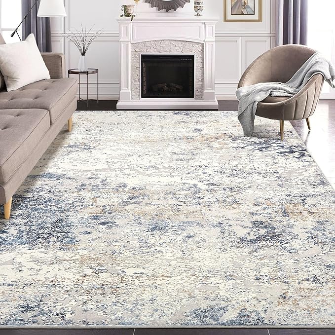 Area Rug Living Room Rugs - 7x9 Large Soft Indoor Neutral Modern Abstract Low Pile Washable Rug Carpet for Bedroom Dining Room Farmhouse Home Office - Beige Blue
