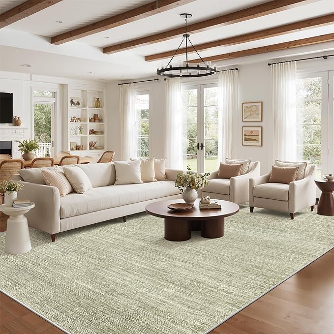 Art&Tuft Washable Rugs 9x12, Low Pile Area Rugs 9x12 Living Room - Non Slip and Stain Resistant Soft Thin Rug for Bedroom, Dining Room, Kitchen, Office, Green