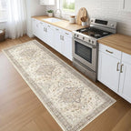Runner Rug Kitchen Washable Rugs: 3x10 Non-Slip Boho Soft Vintage Stain Resistant Indoor Floor Neutral Farmhouse Throw Carpet for Hallway Bathroom Laundry Room Entryway Bedroom- Brown