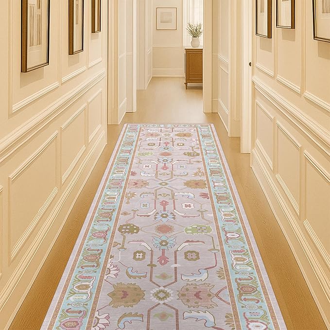 Fame Living Pink Oushak Runner Rug, Modern Runners, Vintage, Turkish, Eclectic, Floral, Pastel, Washable, Runner for Hallway, Kitchen, Bedroom, Bathroom, 2'5"x9'8"