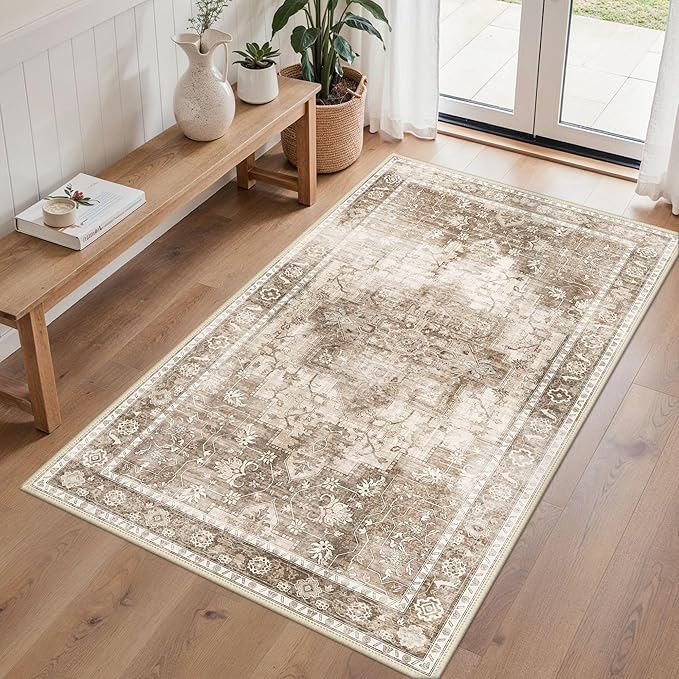 3x5 Area Rugs for Living Room, Machine Washable Non Slip Vintage Rugs, Low Pile Lightweight Print Rug for Bedroom, Dining Room, Home Office, Latte Beige