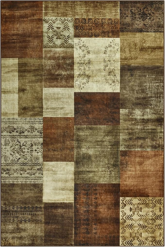 Tepook Modern Area Rug for Living Room, 5x7 Geometric Large Rugs for Bedroom, Washable Patchwork Rug Indoor Non-Slip Throw Carpets for Dining Room Office Farmhouse Home Decor, Brown