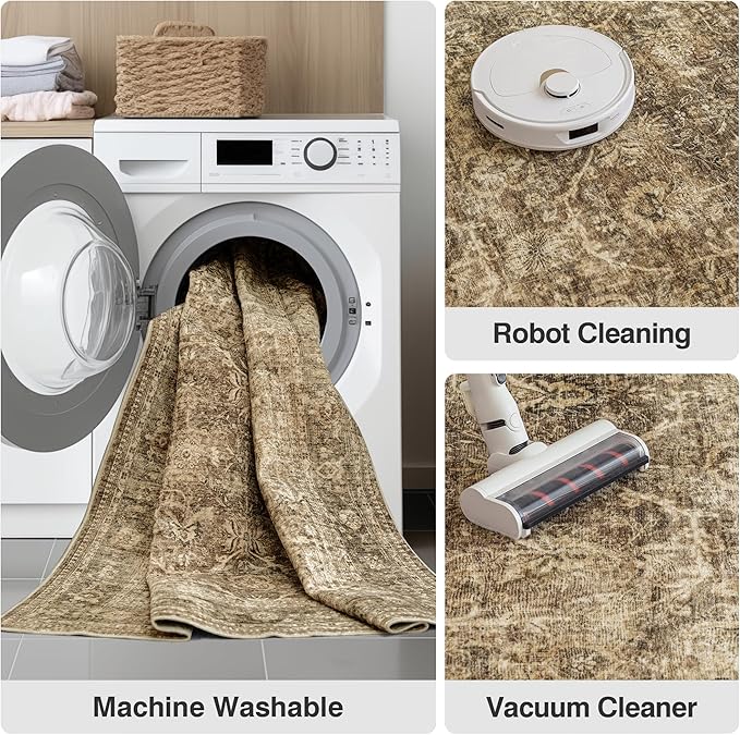 FMFUNCTEX 3x5 Washable Area Rug Brown Vintage Neutral Non Slip Low Pile Traditional Retro Indoor Carpet for Entryway Entrance Soft Floral Throw Rug Living Room Bedroom Kitchen Dining Office Laundry