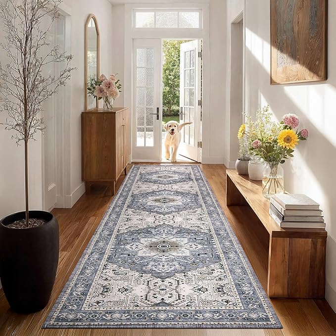 PURRUGS Vintage Farmhouse Boho Runner Rug 2'6" x 8', Non-Slip Machine Washable Rug, Accent Area Rug for Kitchen, Hallway, Entryway, Bedroom, Living Room and Dining Room, Periwinkle Gray/Soft Ivory