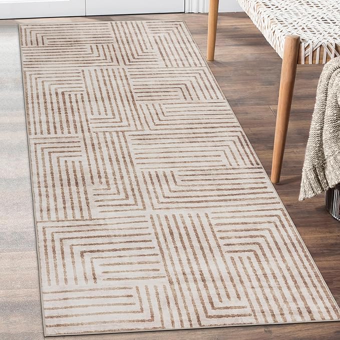 ReaLife Rugs Machine Washable Area Rug Runner - Living Room Bedroom Bathroom Kitchen Entryway Office - Non-Slip Baking Low Pile Stain Resistant Premium - Modern Geometric - Finn - Beige 2'6" x 8'
