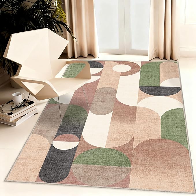 Modern Rug 3x5 Washable Area Rugs for Bedroom Living Room Kitchen Entryway Bedside,Small Retro Rust Orange Geometric Non Slip Carpet