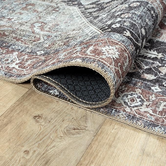 Bloom Rugs Washable Non-Slip 8' x 10' Rug - Charcoal/Brown Traditional Medallion Area Rug for Living Room, Bedroom, Dining Room, and Kitchen - Exact Size: 8' x 10'
