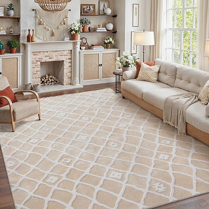 Ivory 8x10 Area Rug Moroccan Shag Living Room Washable Carpet Soft Non Shedding Neutral Boho Plush Pile Modern Large Throw Rug for Office Bedroom Dining Room Playroom
