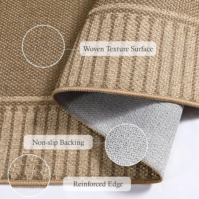 Moynesa Brown Striped Border Easy Jute Indoor Outdoor Entryway Rug 3x5, Washable Patio Rug Non Slip with Rubber Backing, Farmhouse Modern Carpet for Balcony Backyard Bedroom Living Room Dining Room