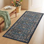 DUKINO 2x5 Washable Runner Rug, Floral Non Slip Bathroom Rugs with Soft Low Pile Design, Lightweight Non-Shedding Carpet Runner for Bathroom, Kitchen, Hallway, Bedroom, Laundry, Dark Blue
