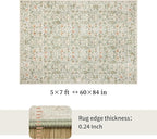 Washable Living Room Rug: 5x7 Boho Floral Soft Area Rug for Bedroom Decor - Vintage Low Pile Thin Carpet for Dining Room Non-Slip - Farmhouse Stain Resistant Rugs - Beige Green