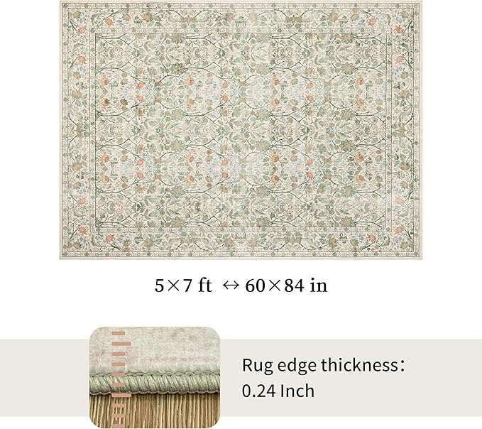 Washable Living Room Rug: 5x7 Boho Floral Soft Area Rug for Bedroom Decor - Vintage Low Pile Thin Carpet for Dining Room Non-Slip - Farmhouse Stain Resistant Rugs - Beige Green