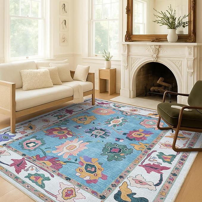 Fame Living Colorful Oushak Rug, Modern, Vintage, Turkish, Eclectic, Floral, Pastel, Washable, Extra Large Area Rugs for Living Room, Dining, Bedroom, Lounge, 9'x12'