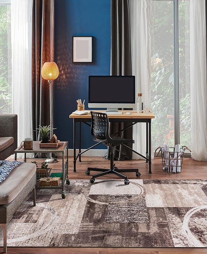 Rugshop Contemporary Abstract Circle Design Area Rug, Non-Shedding Carpet for Dining Room, Living Room, or Bedroom, Brown, 6'6" x 9'