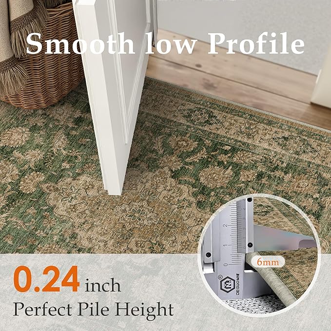 HUGEAR 2x6 Runner Rug Hallway Machine Washable Retro Green Vintage Floral Low Pile Carpet Distressed Long Throw Rug Bedroom Office Bathroom Kitchen Laundry Non Slip Soft Lightweight
