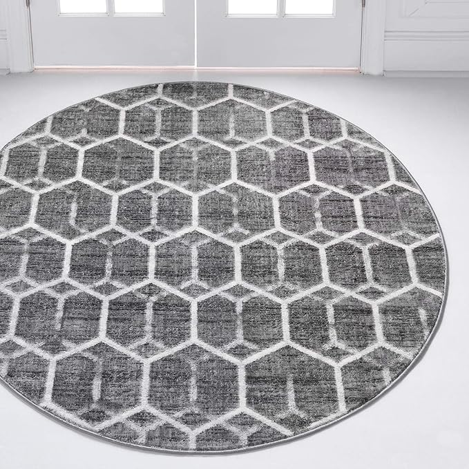 Rugs.com Lattice Trellis Collection Rug – 3 Ft Round Gray Low-Pile Rug Perfect for Kitchens, Dining Rooms