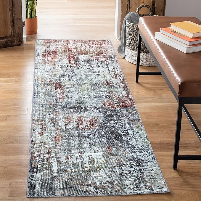 Bloom Rugs Washable Non-Slip 10 ft Runner - Gray/Red/Brown Modern Abstract Runner for Entryway, Hallway, Bathroom, and Kitchen - Exact Size: 2.5' x 10'