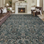 Washable Living Room Rug: 10x14 Boho Floral Soft Area Rug for Bedroom Decor - Vintage Low Pile Thin Carpet for Dining Room Non-Slip - Farmhouse Stain Resistant Rugs - Dark Green