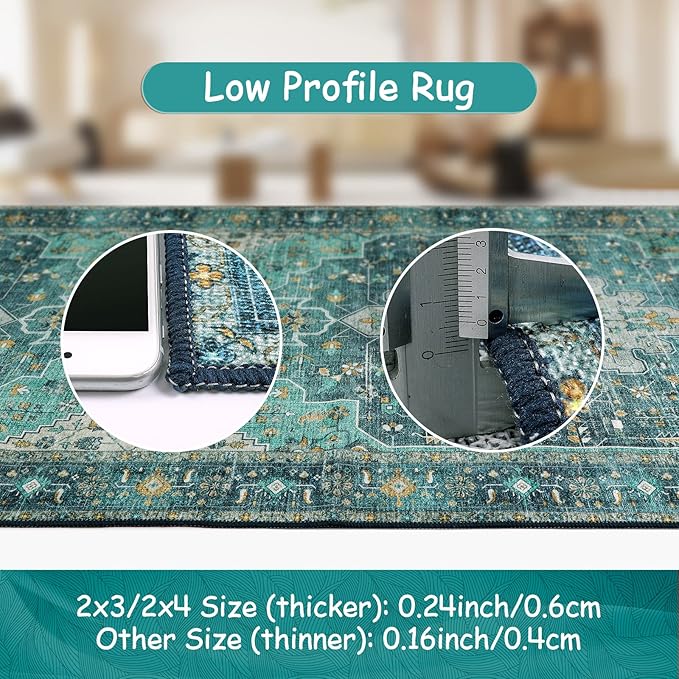Moynesa Ultra-Thin Washable Runner Rug - 2x7 Teal Hallway Rug Runner Kitchen Carpet Runner, Non Skid Non Shedding Low Pile Bathroom Mat for Apartment Entryway Foyer Vanity RV