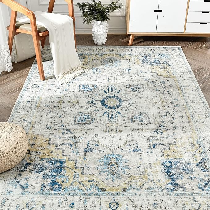 jinchan Kelda Area Rug 6x9 Washable Living Room Rug Vintage Indoor Large Floor Cover Distressed Lightweight Non-Slip Low Pile Thin Mat Accent Stain Resistant Carpet for Bedroom Office Light Blue
