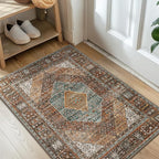 Bavni 2x3 Entryway Rug Bathroom Rugs for Front Door Bedroom Bathroom Kitchen, Washable Print Carpet, Lightweight Rug with Non Slip Backing, Vintage Brown/Blue