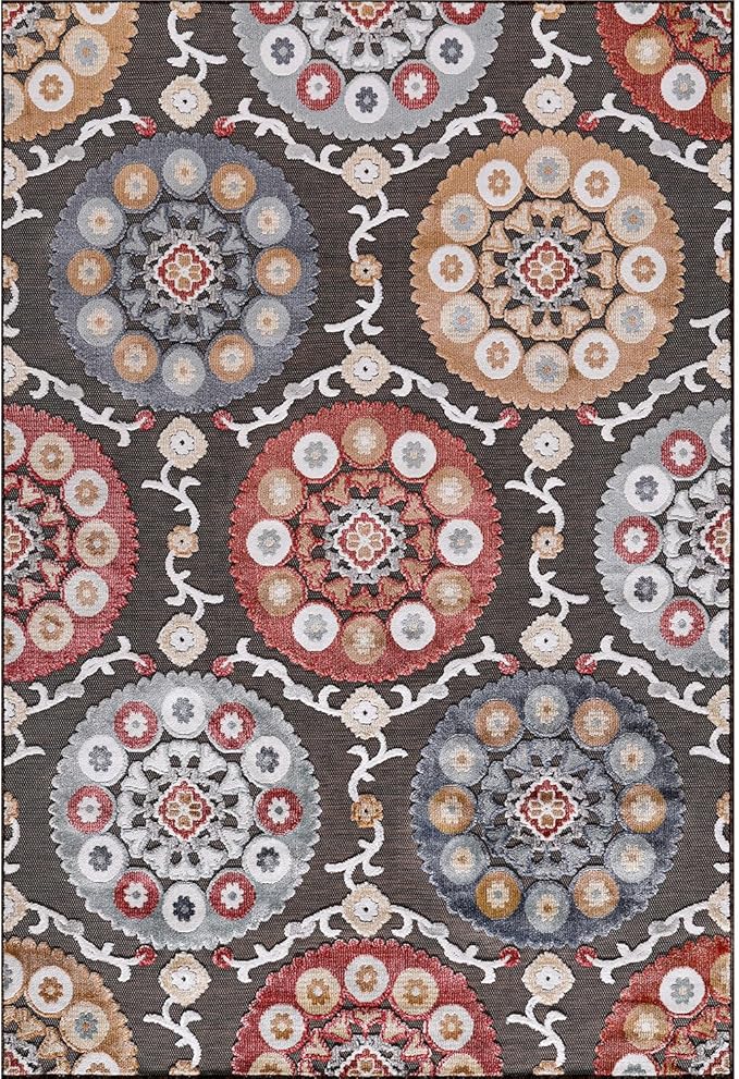 CAMILSON Indoor Outdoor Rug 8x10 Bohemian Medallion Floral Area Rugs for Indoor and Outdoor Patios Easy-Cleaning Non-Shedding Living Room Garden and Kitchen Washable Outside Carpet (8 x 10 / Brown)