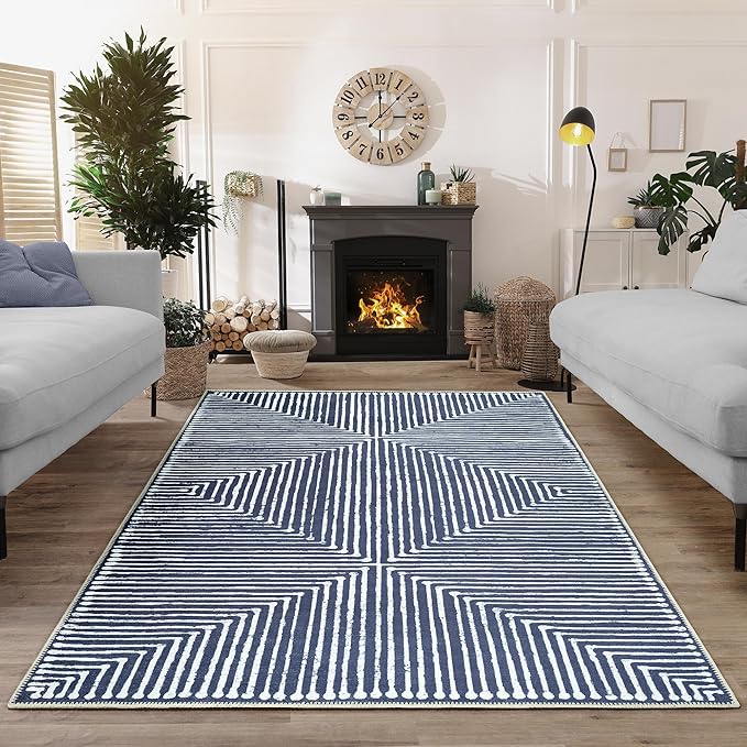 Bloom Rugs Washable Non-Slip 2' x 3' Rug - Blue Striped Area Rug for Living Room, Bedroom, Dining Room, and Kitchen - Exact Size: 2' x 3'
