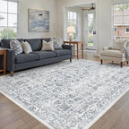 Navy Blue Area Rug 8x10 Machine Washable Large Vintage Living Room Distressed Non Slip Carpet Traditional Indoor Bedroom Retro Floral Accent Throw Rug for Office Kitchen Dining Room
