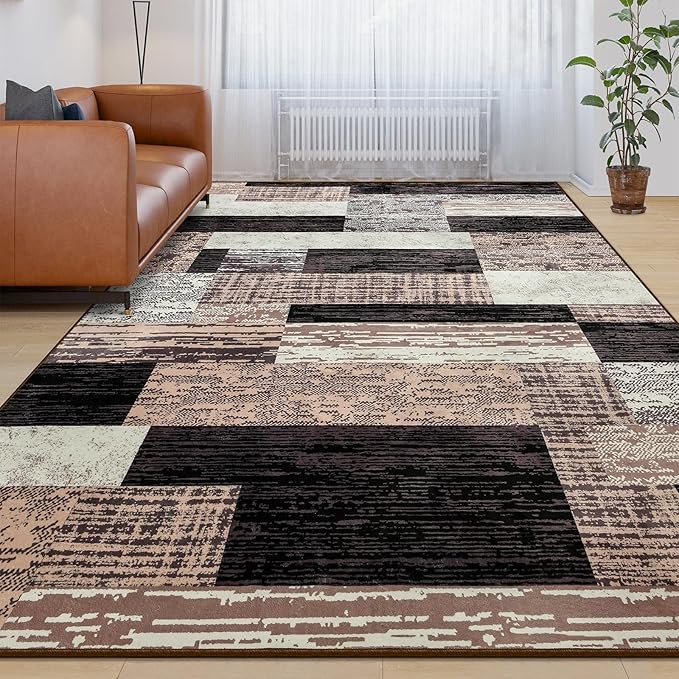 Large Area Rugs,Modern Geometric Patchwork Floor Decor for Bedroom Aesthetic Carpet, Rockwood Collection, Indoor Rugs for Living Room Dining Room Nursery Office Machine Washable Rug, 9x12 Ft Chocolate