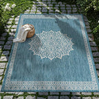 CAMILSON Outdoor Rug 6x9 Medallion Aqua Modern Area Rugs for Indoor and Outdoor Patios Kitchen and Hallway Mats Washable Porch Deck Outside Carpet (Medallion Aqua 6 x 9)