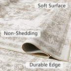 Area Rug 9x12 Beige Washable Living Room Carpet Non Slip Vintage Medallion Indoor Bedroom Carpet Low Pile Soft Retro Distressed Large Rug Home Office Dining Room Playroom