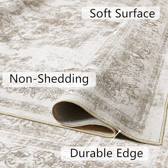 Area Rug 4x6 Beige Washable Office Entryway Vintage Medallion Carpet Non Slip Retro Indoor Mat Low Pile Soft Distressed Small Rug for Bedroom Kitchen Laundry Dining Room