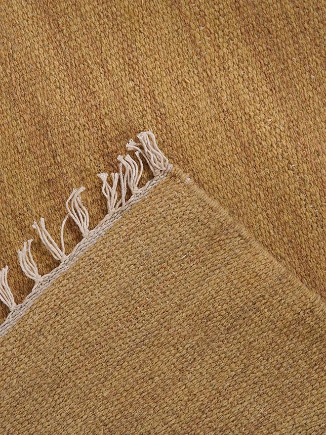 Rugsotic Carpets Hand Woven Flat Weave Kilim Wool ECO-Friendly Area Rugs - 9'x12', Rectangle Shape, Gold Color, Solid Plain Design, Low Pile Handmade Area Rugs for Living Room, Bed Room (D00111)