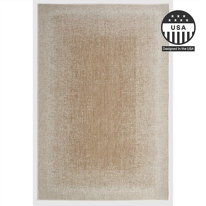 FH Home Outdoor Rug - Waterproof Easy to Clean Stain Resistant - Patio Indoor Outdoor Porch Deck Balcony Entryway - Ombre Modern - Dhruva - Beige - 5ft 2in x 7ft 6in